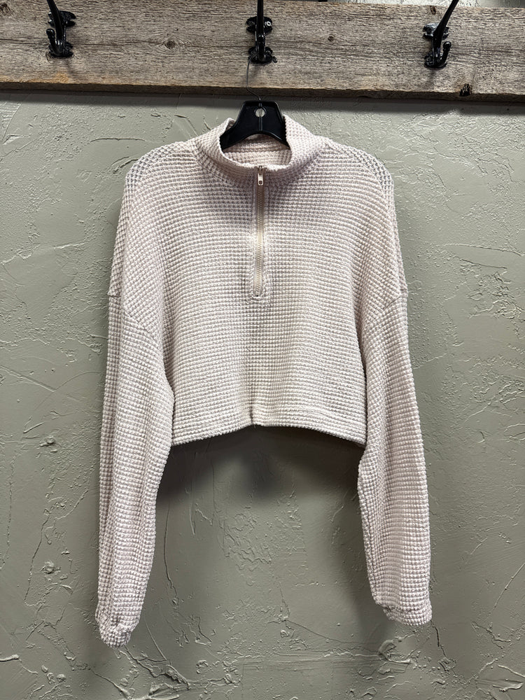 CROPPED WAFFLE-KNIT PULLOVER