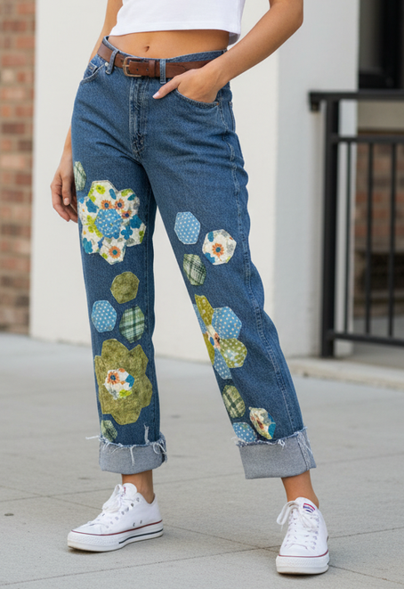 QUILTED FLORAL PATCHWORK JEANS