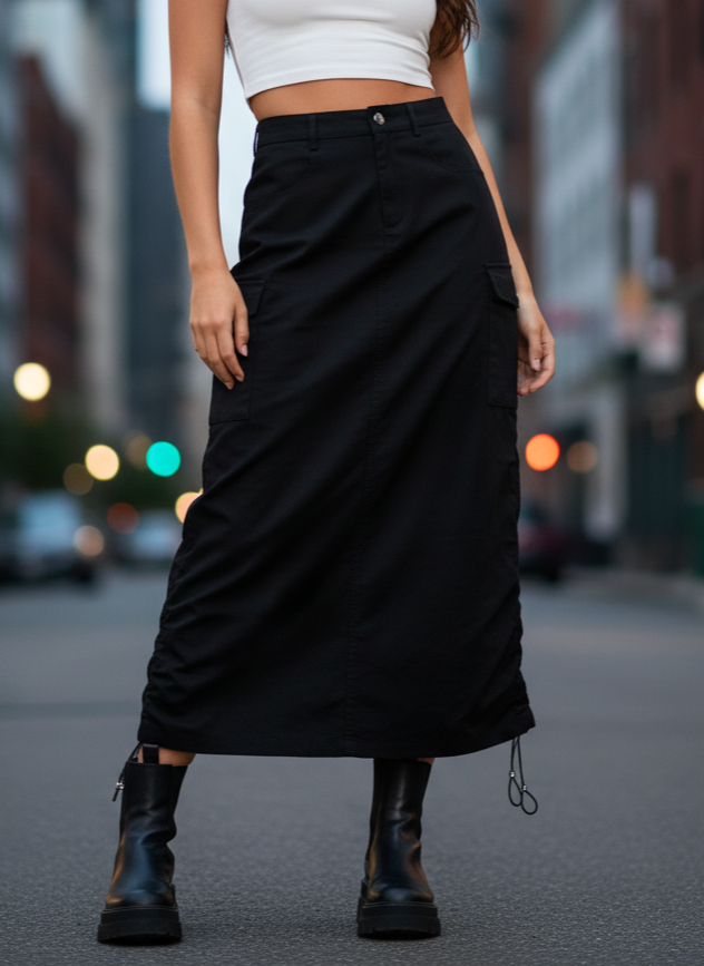BLACK CARGO MIDI SKIRT