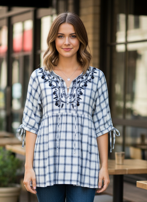 UMGEE EMBROIDERED PLAID TOP