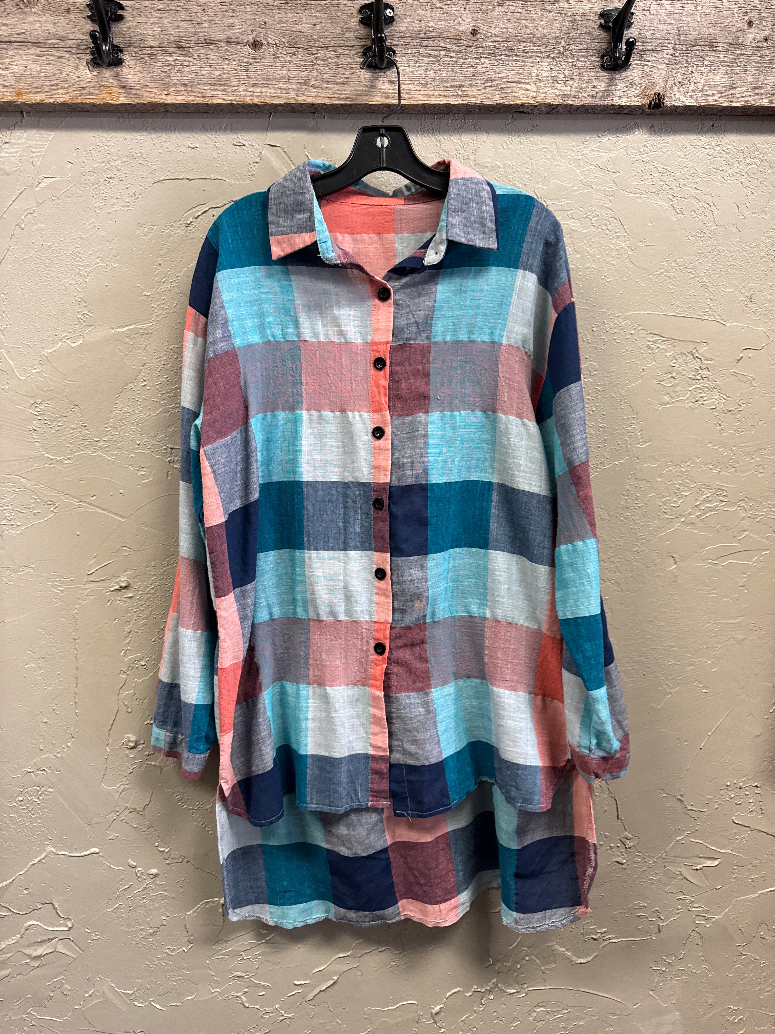 MULTICOLOR PLAID HIGH-LOW TUNIC