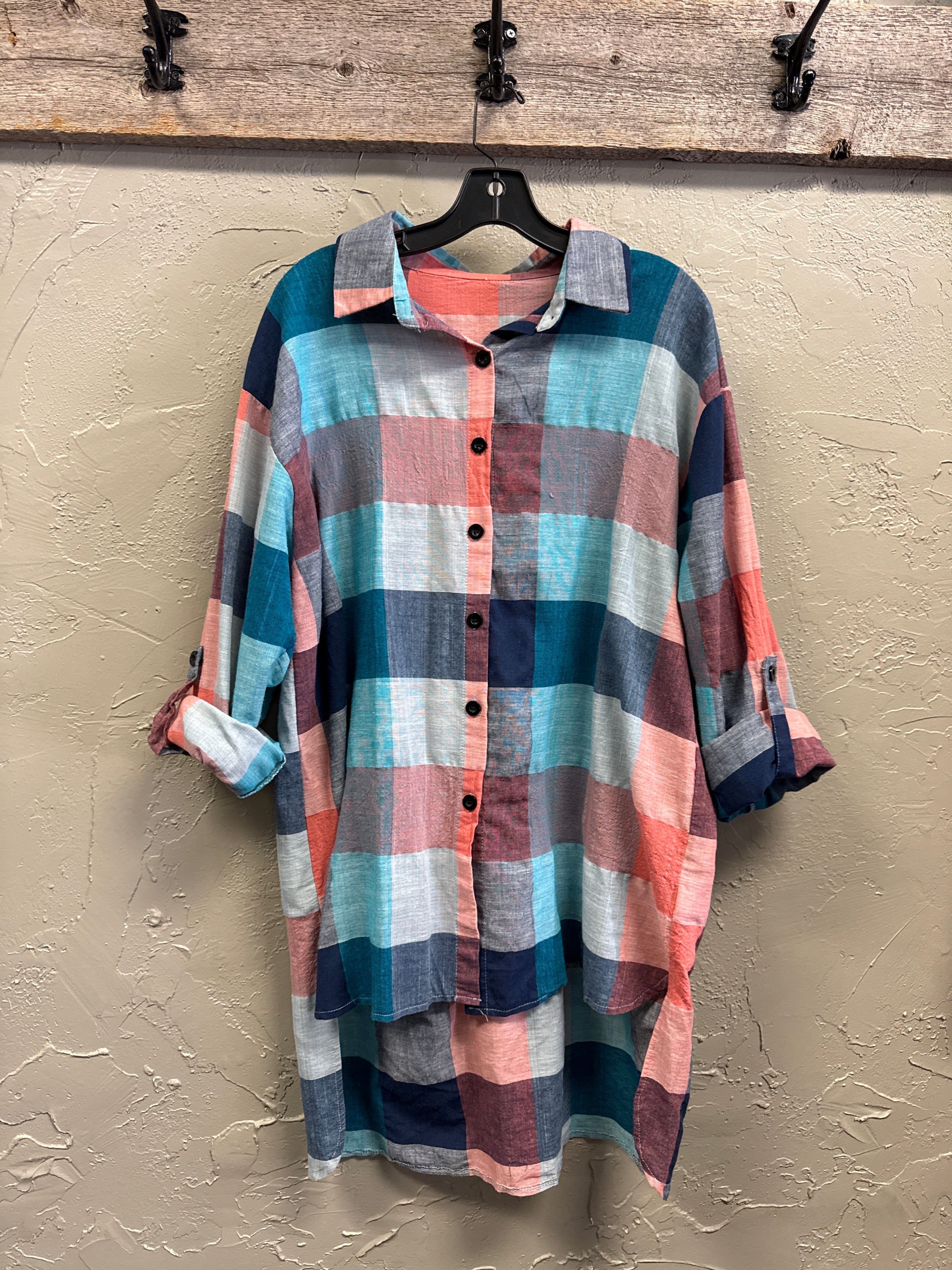 MULTICOLOR PLAID HIGH-LOW TUNIC