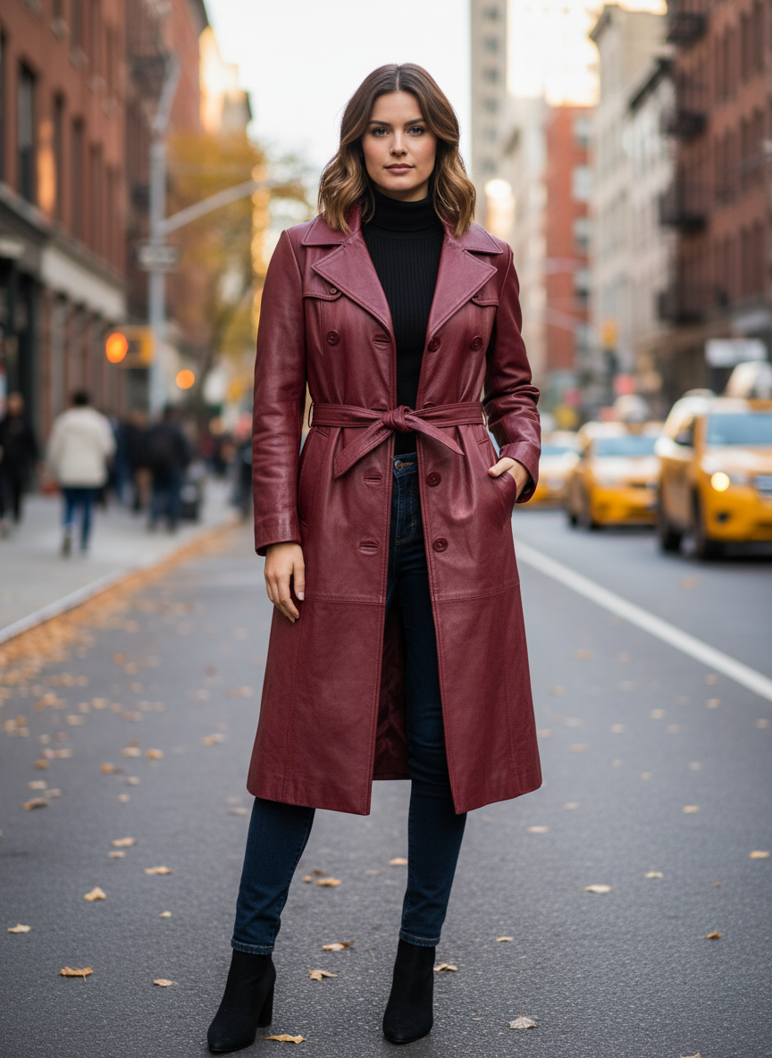 VTG 70s RED LEATHER TRENCH COAT