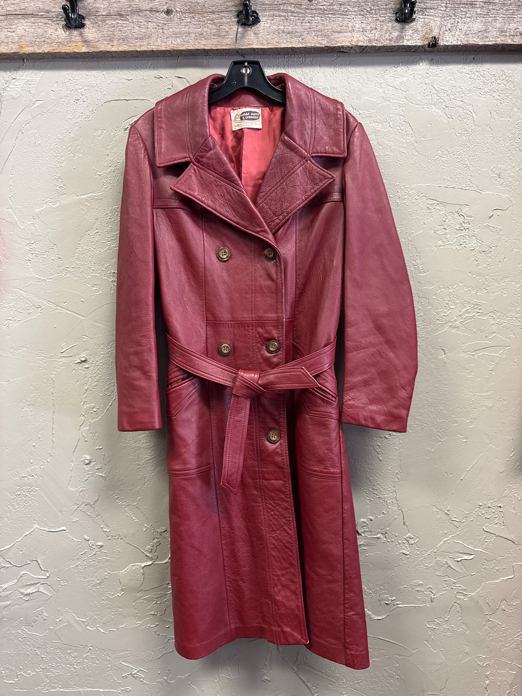 VTG 70s RED LEATHER TRENCH COAT