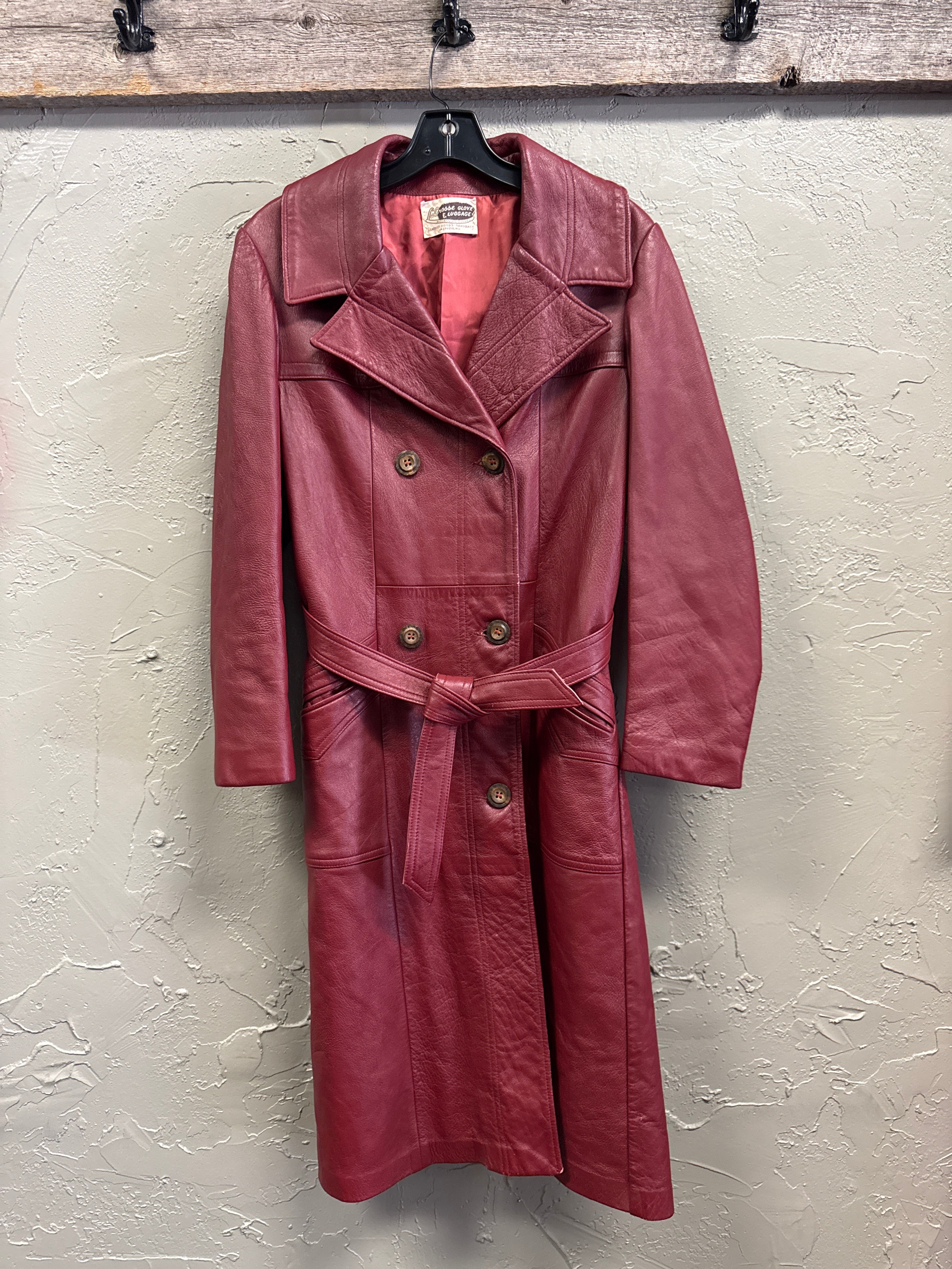 VTG 70s RED LEATHER TRENCH COAT