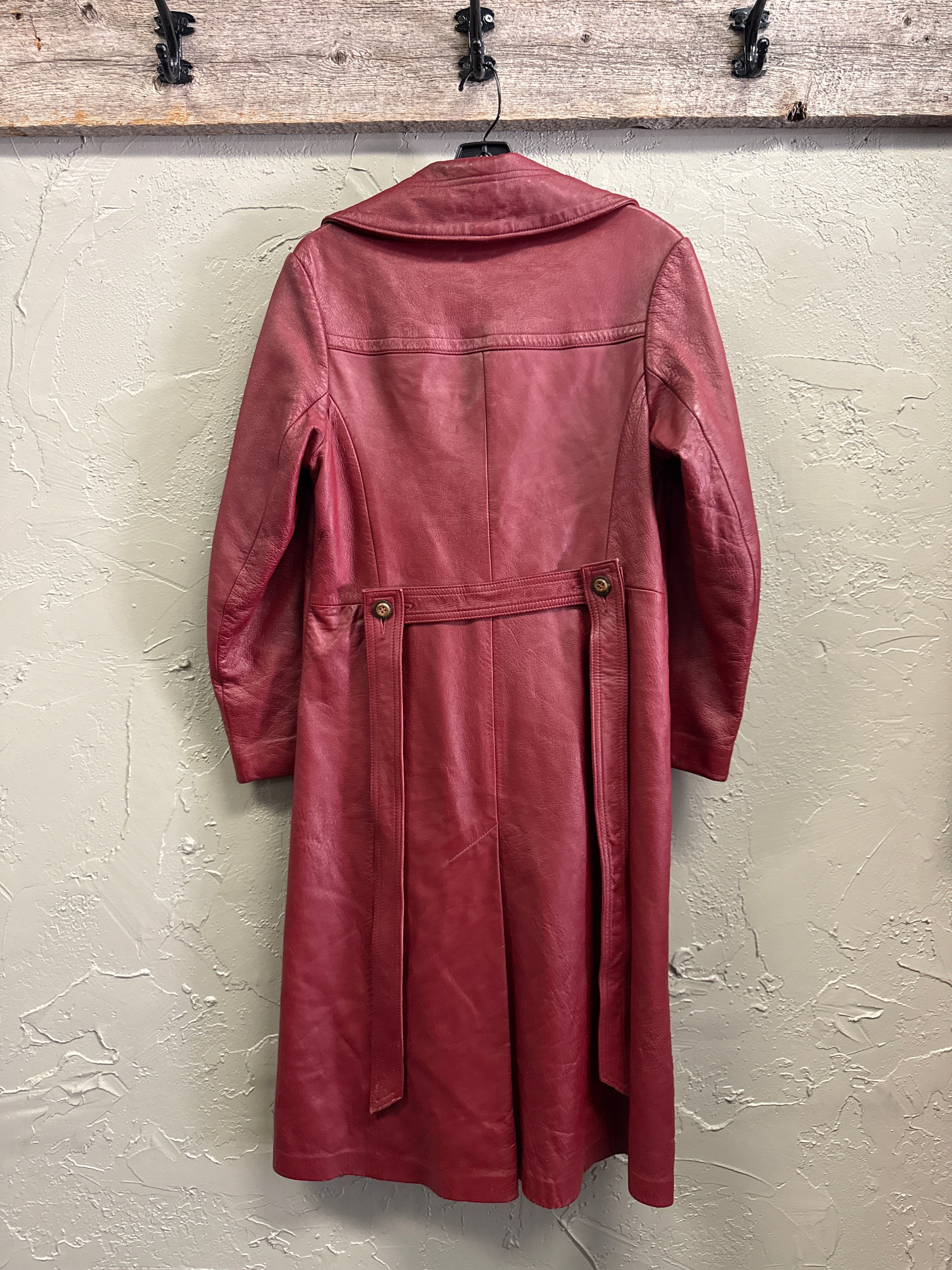 VTG 70s RED LEATHER TRENCH COAT