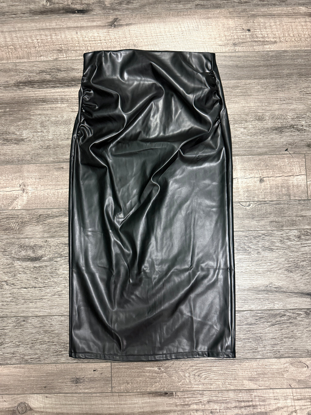 Vegan Leather Ruched Midi Skirt