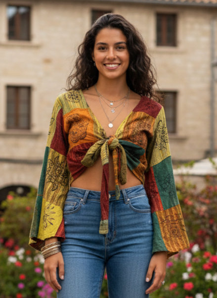 Patchwork Bell-Sleeve Front-Tie Top