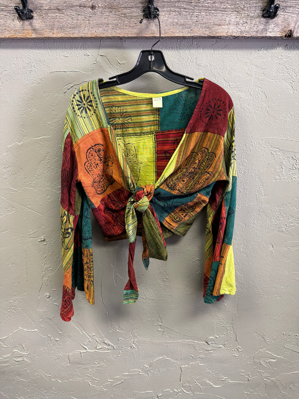 Patchwork Bell-Sleeve Front-Tie Top