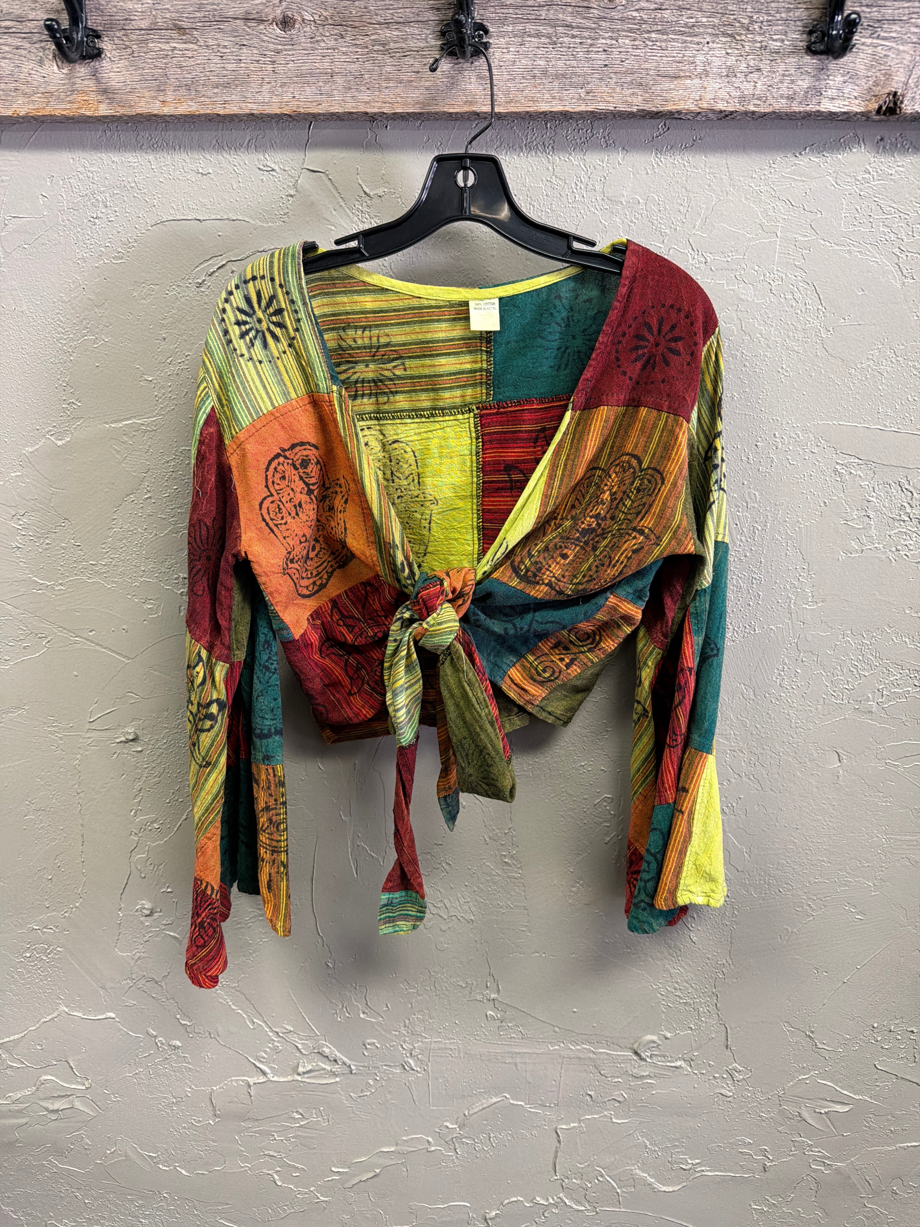 Patchwork Bell-Sleeve Front-Tie Top