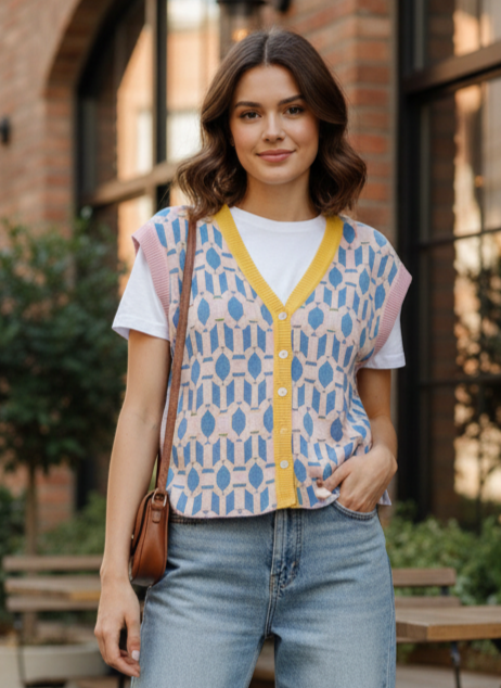 Geometric Jacquard Knit Cardi Vest