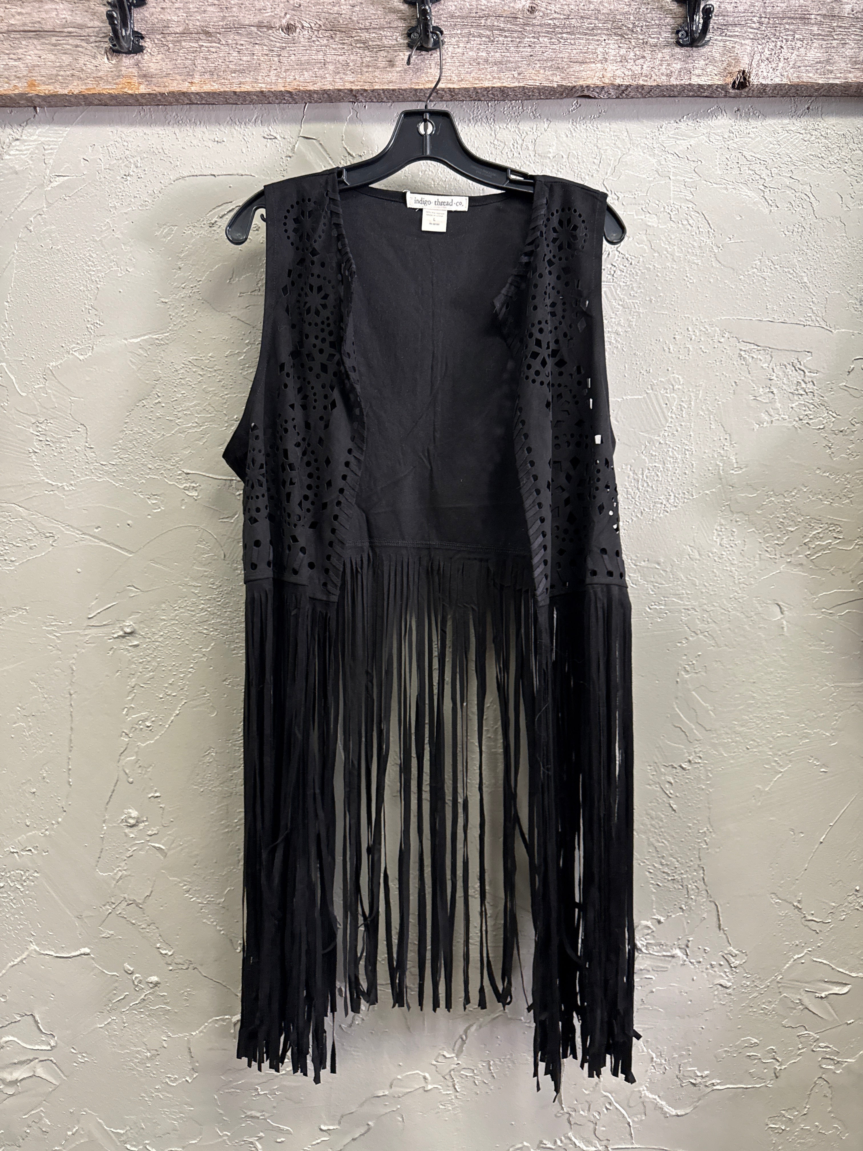 NWOT Indigo Thread Laser-Cut Fringe Vest