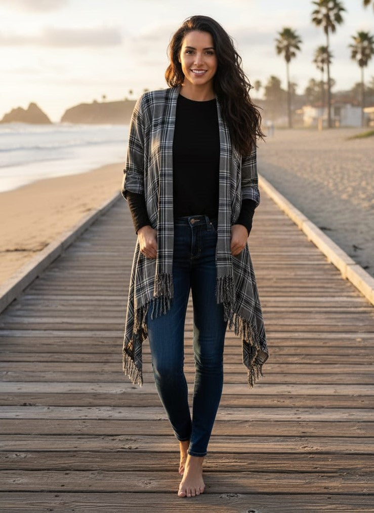 NWOT Indigo Thread Plaid Fringe Cardi