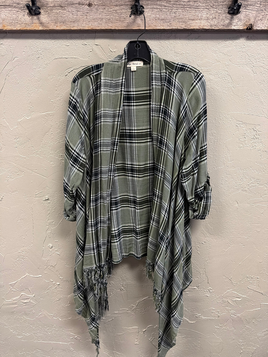 NWOT Indigo Thread Plaid Fringe Cardi