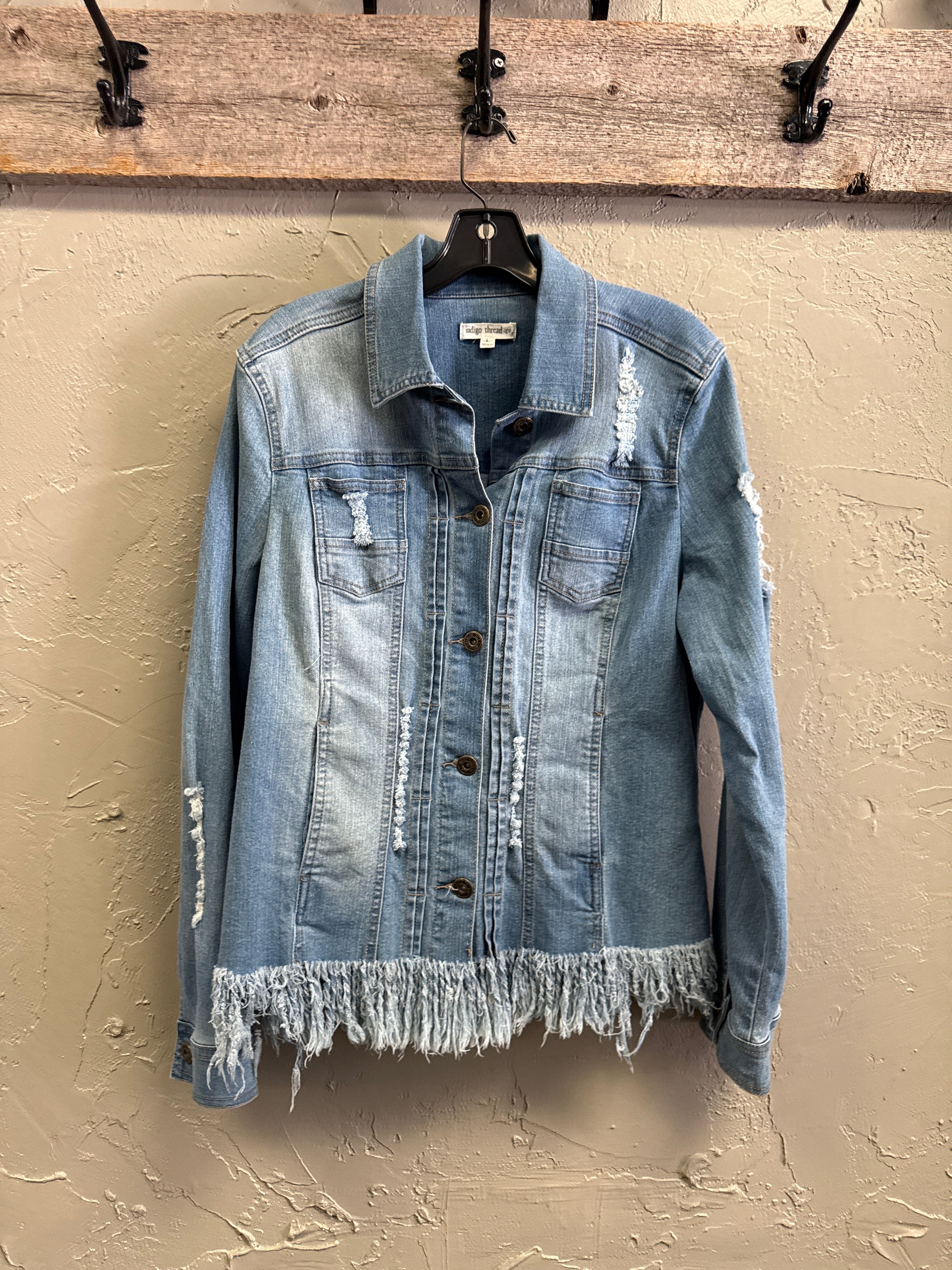 NWOT Indigo Thread Frayed Hem Denim Jacket