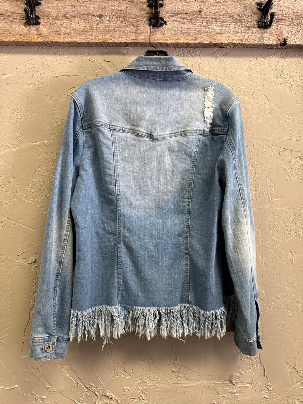 NWOT Indigo Thread Frayed Hem Denim Jacket