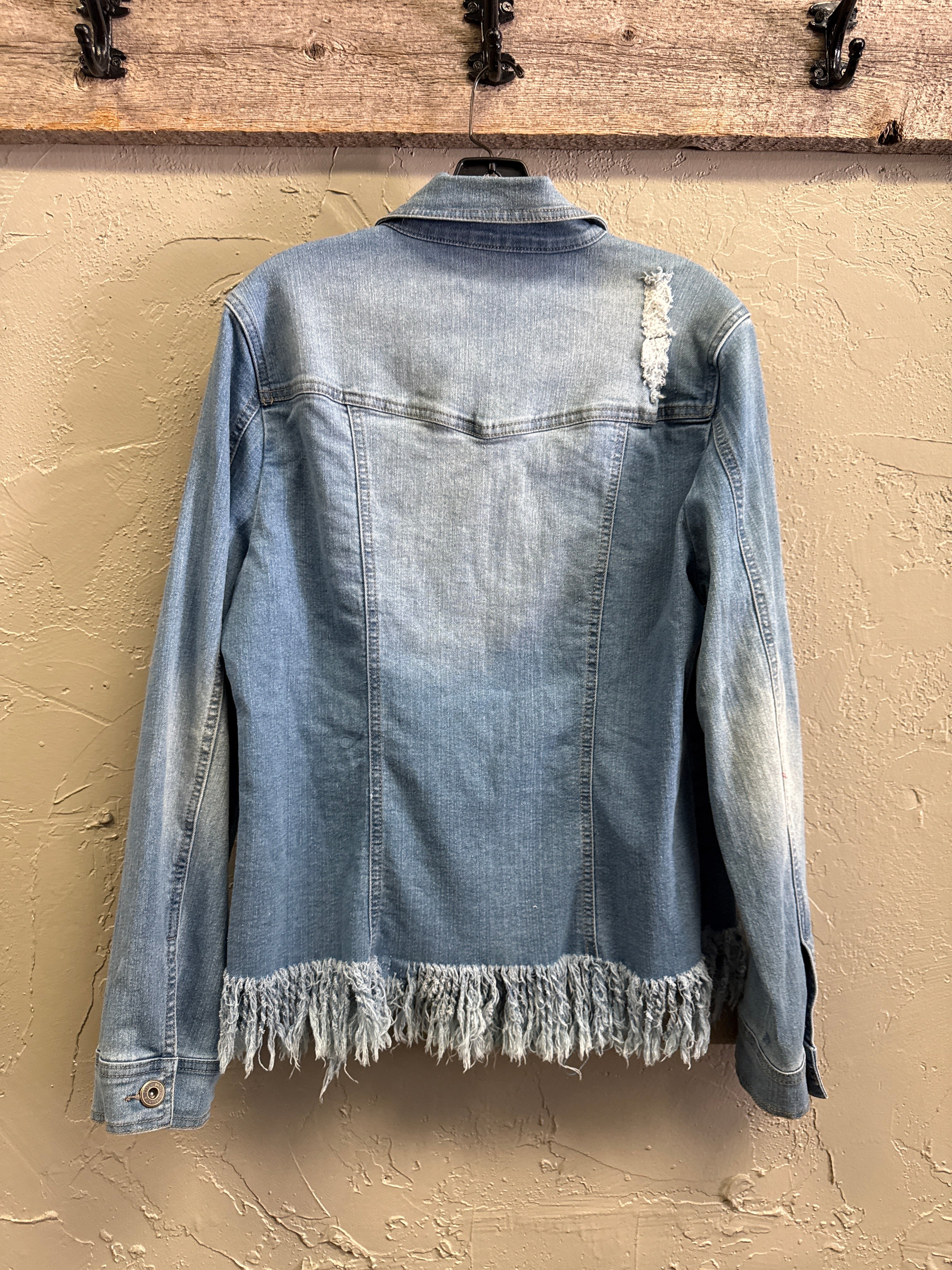 NWOT Indigo Thread Frayed Hem Denim Jacket