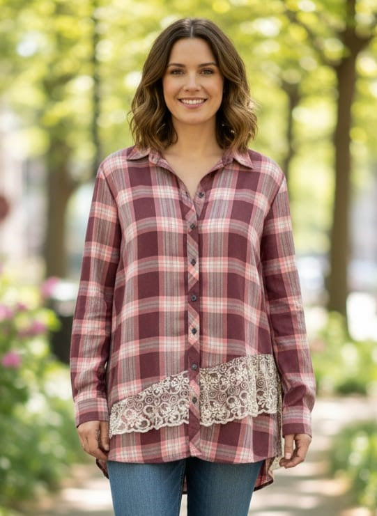 NWOT LOGO Plaid Tunic with Lace Details (org$74)