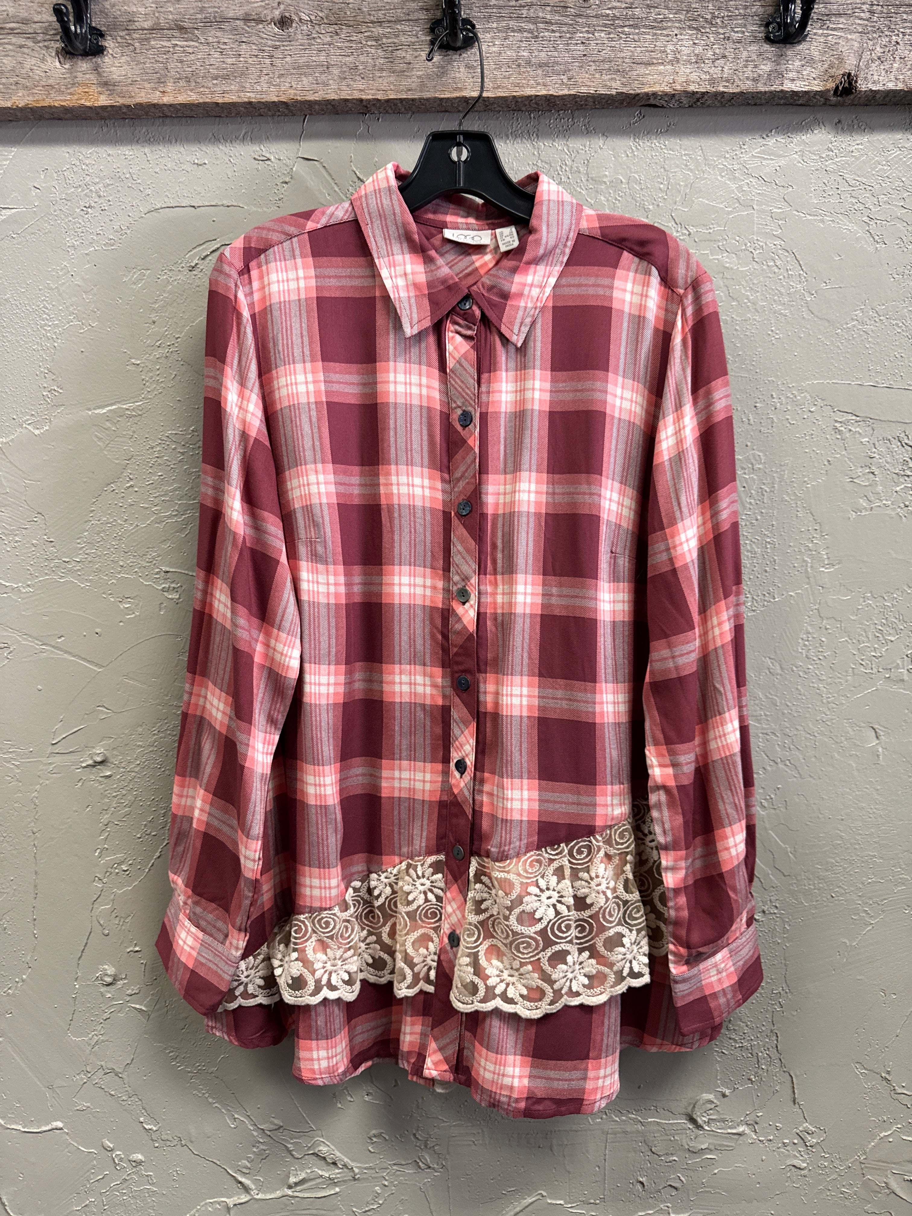 NWOT LOGO Plaid Tunic with Lace Details (org$74)