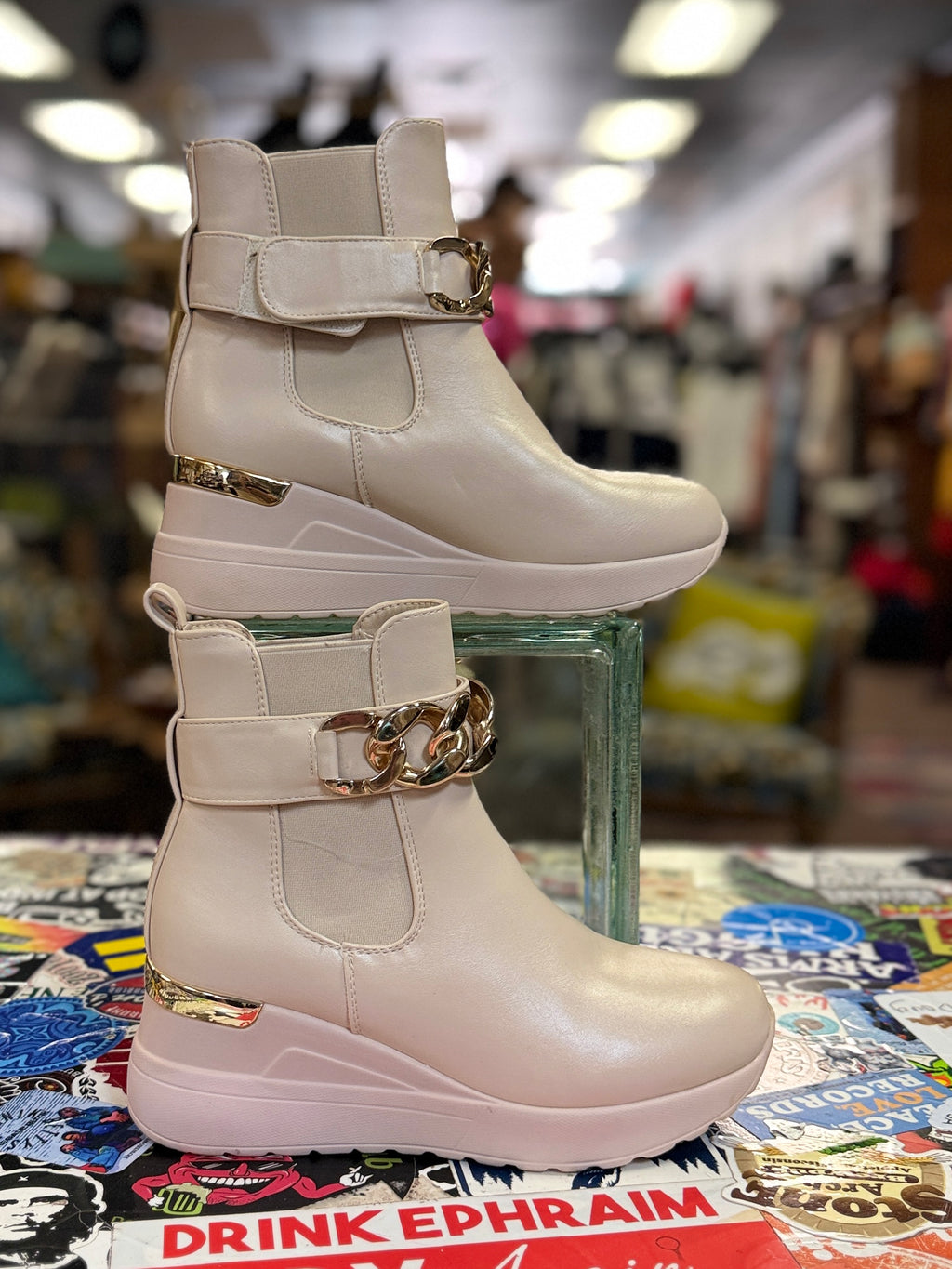 Chain Strap Wedge Boots