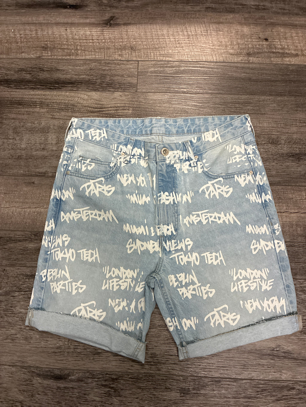 Bershka Graffiti Print Denim Shorts