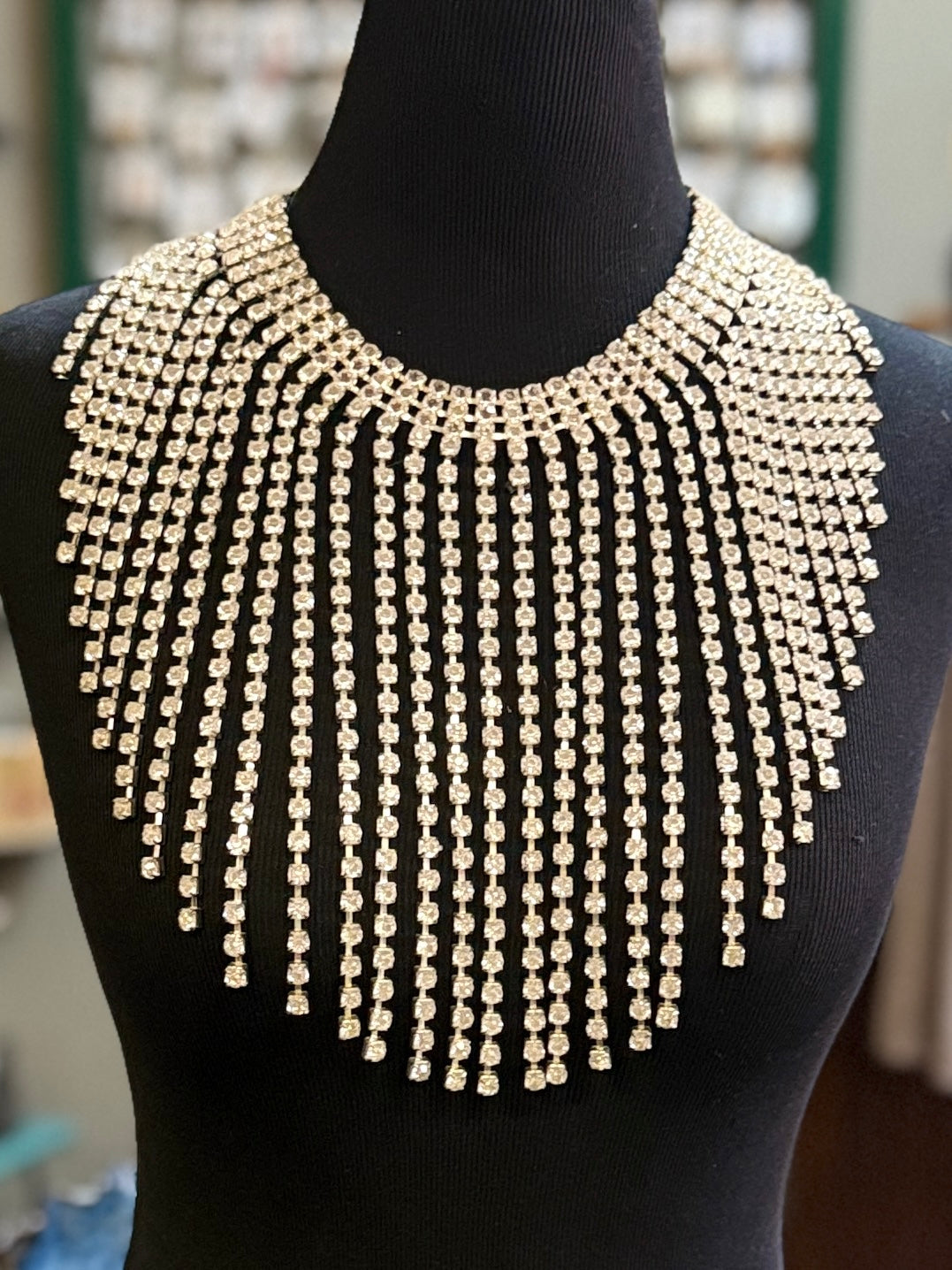 Vtg Rhinestone Waterfall Bib Necklace