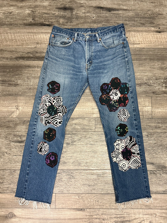 QUILTED FLORAL PATCHWORK JEANS