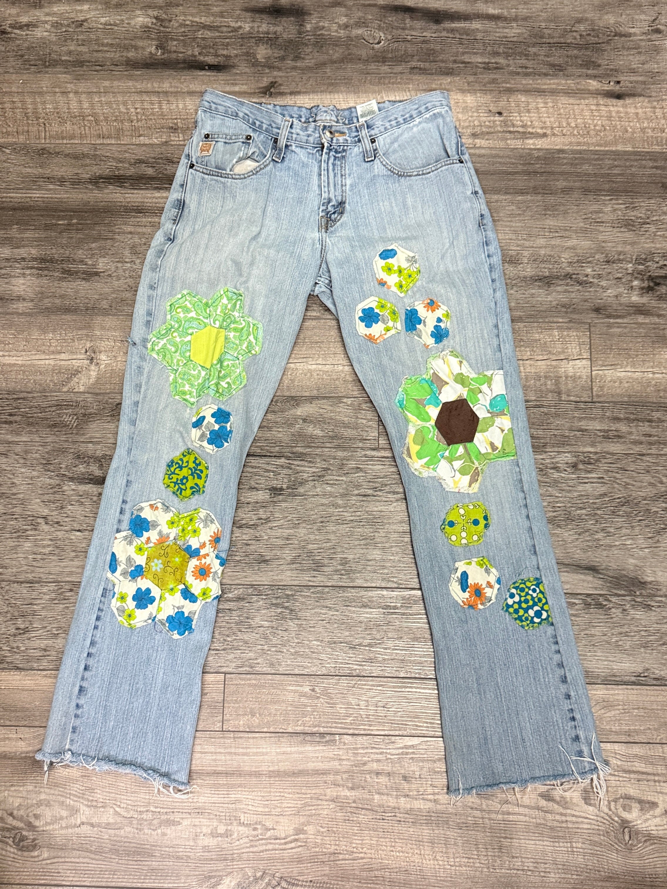 QUILTED FLORAL PATCHWORK JEANS