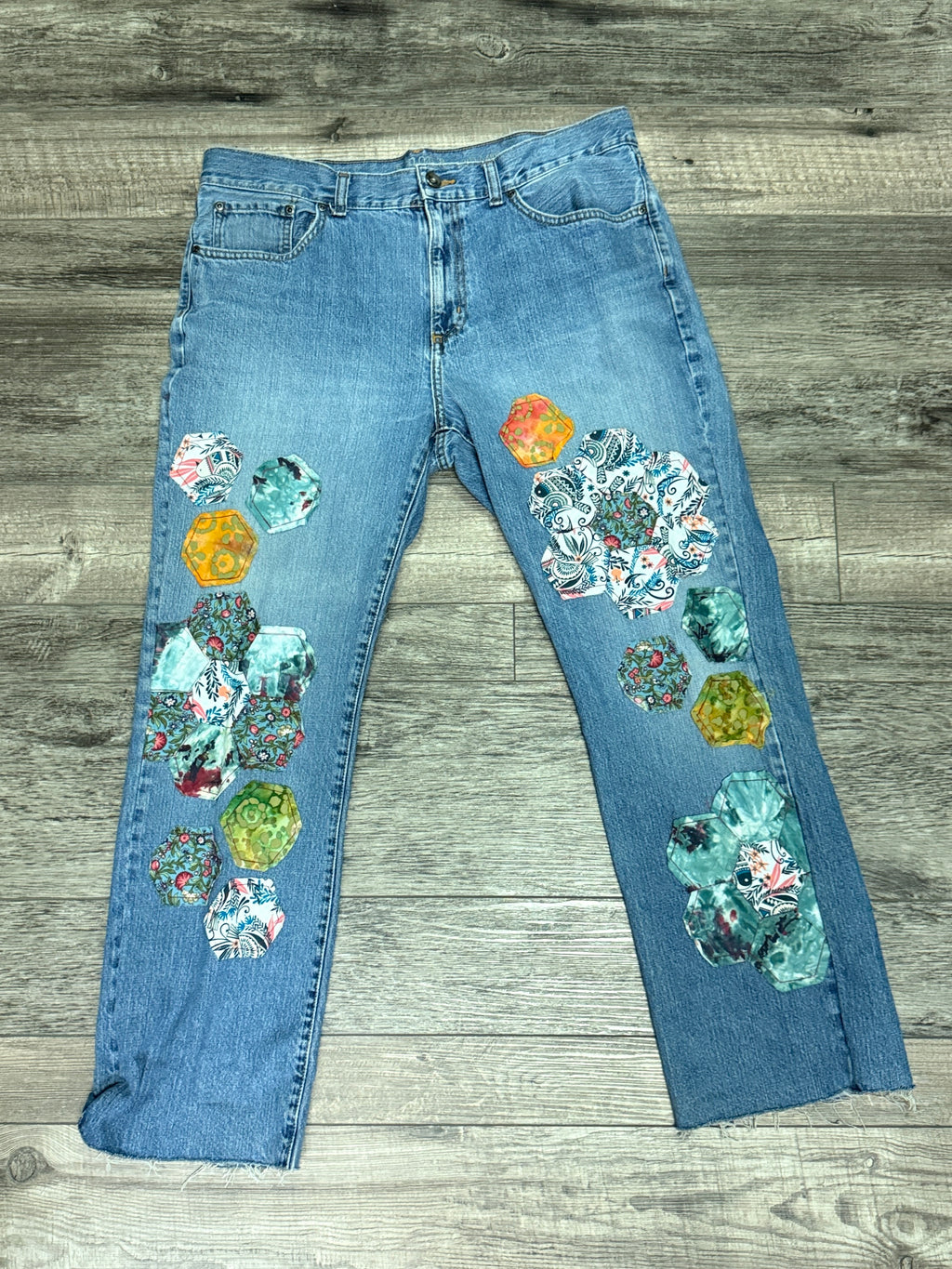 QUILTED FLORAL PATCHWORK JEANS